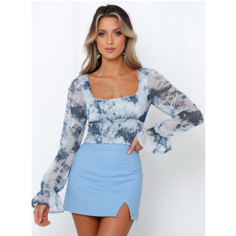Princess Polly Blue Smocked Chiffon Cropped Midriff Top